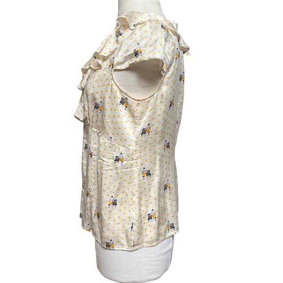 Luisa Spagnoli Silk Blouse Ruffle Bow Yellow Polka Dot Graphic Short Sleeve 48 - Picture 5 of 8